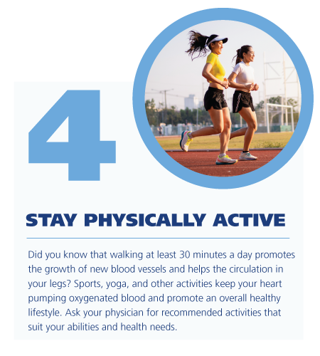 4. Stay physically active ; Did you know that walking at least 30 minutes a day promotes the growth of new blood vessels and helps the circulation in your legs? Sports, yoga, and other activities keep your heart pumping oxygenated blood and promote an overall healthy lifestyle. Ask your physician for recommended activities that suit your abilities and health needs. 