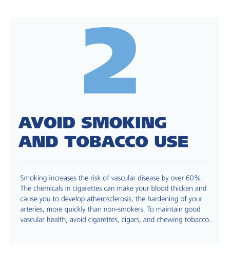 2. Avoid Smoking and Tobacco Use ; Smoking increases the risk of vascular disease by over 60%. The chemicals in cigarettes can make your blood thicken and cause you to develop atherosclerosis, the hardening of your arteries, more quickly than non-smokers. To maintain good vascular health, avoid cigarettes, cigars, and chewing tobacco. 